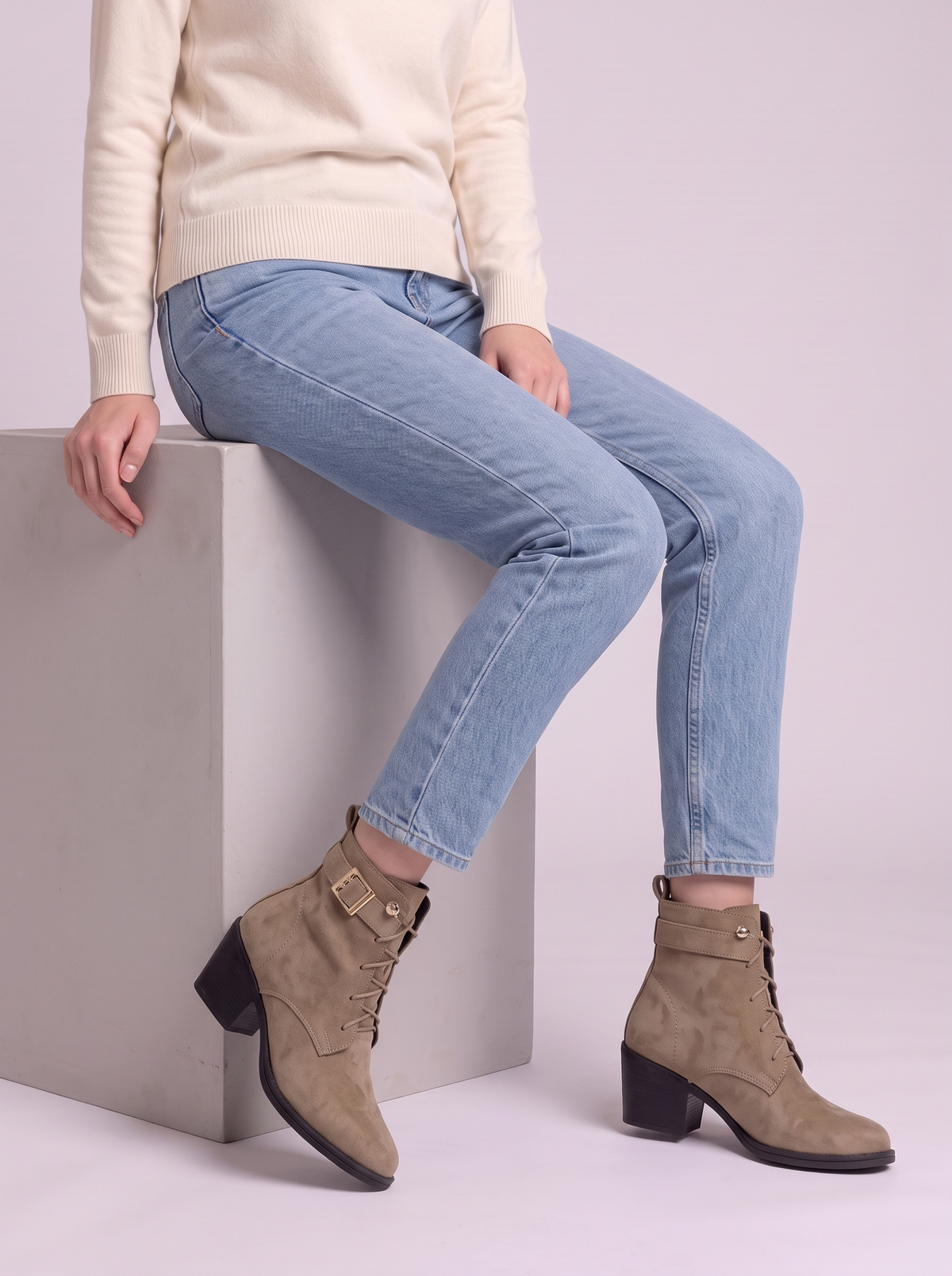 Round Toe Block Heels Boots - Khaki - seated