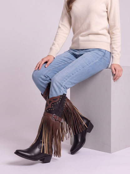 Fringe Block Heel Boots - Black - seated