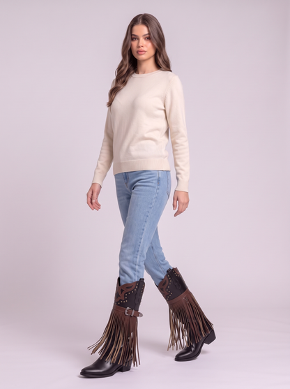 Fringe Block Heel Boots - Black - side