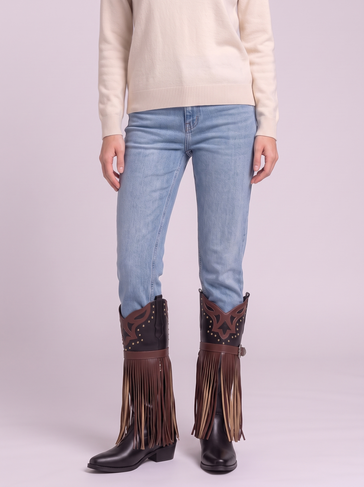 Fringe Block Heel Boots - Black