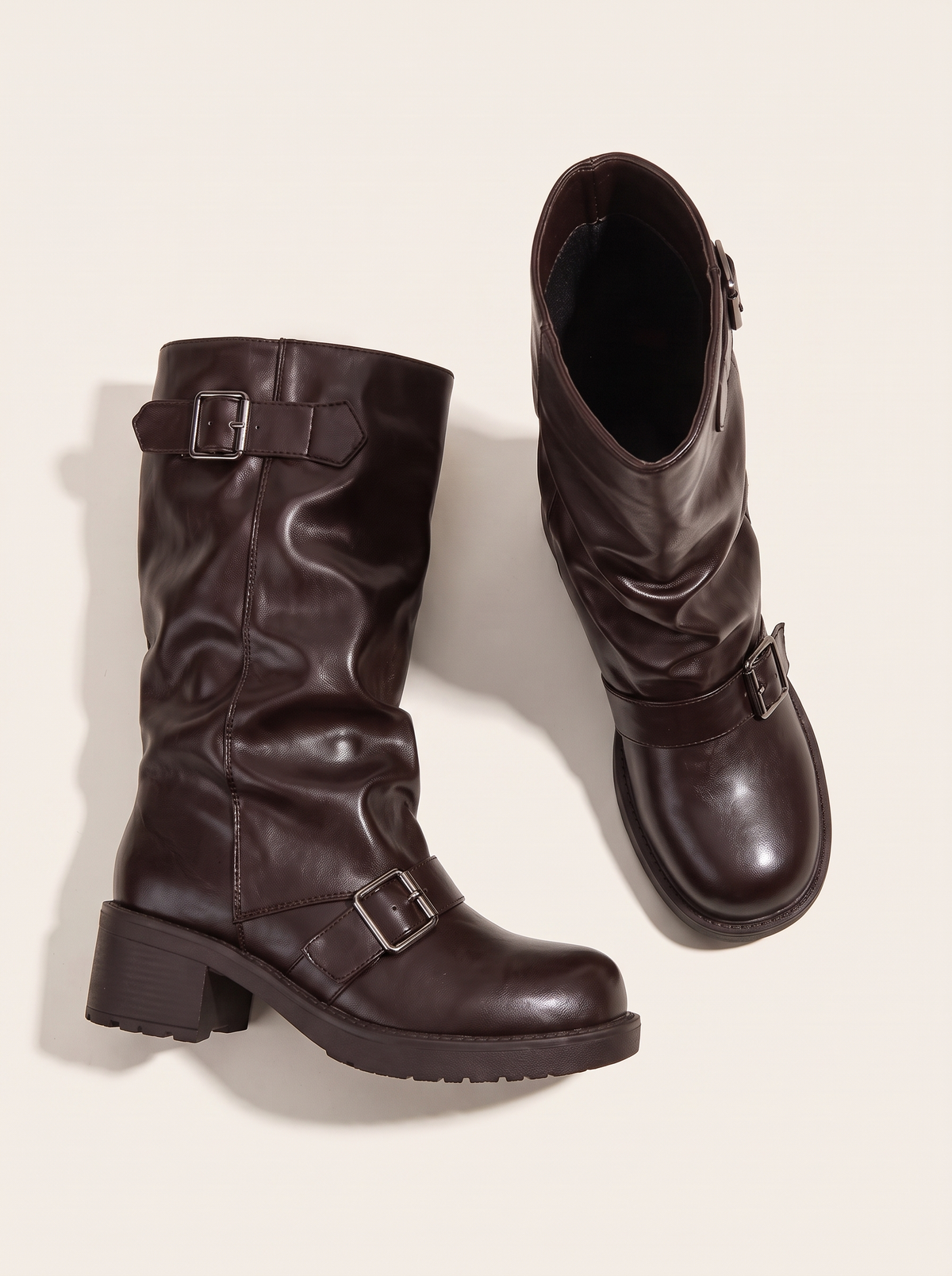 Round Toe Block Heels Boots - Coffee Brown - flat lay