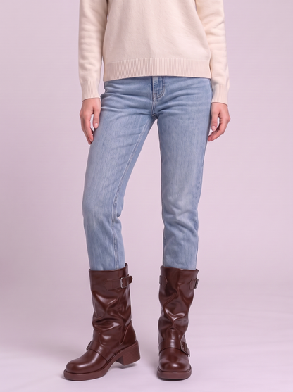 Round Toe Block Heels Boots - Brown