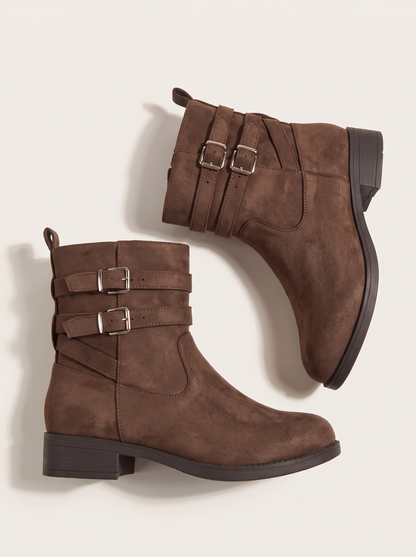 Round Toe Block Heels Boots - Coffee Brown - flat lay