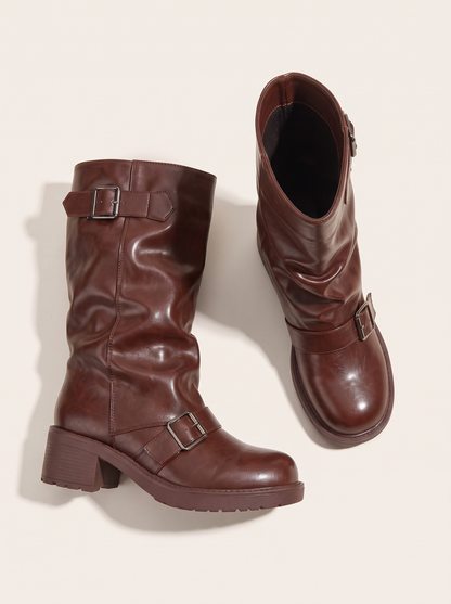 Round Toe Block Heels Boots - Brown - flat lay