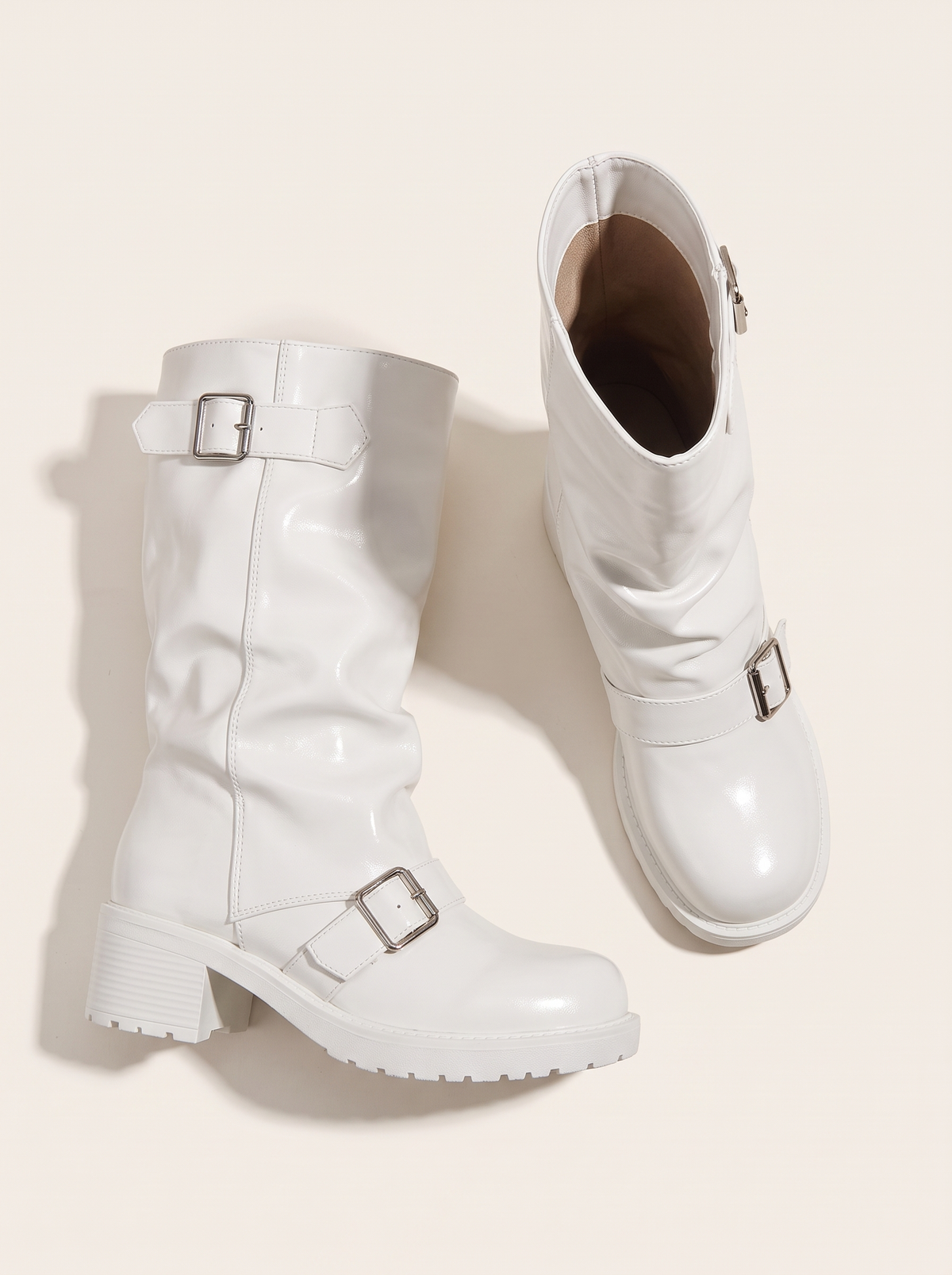 Round Toe Block Heels Boots - White - flat lay