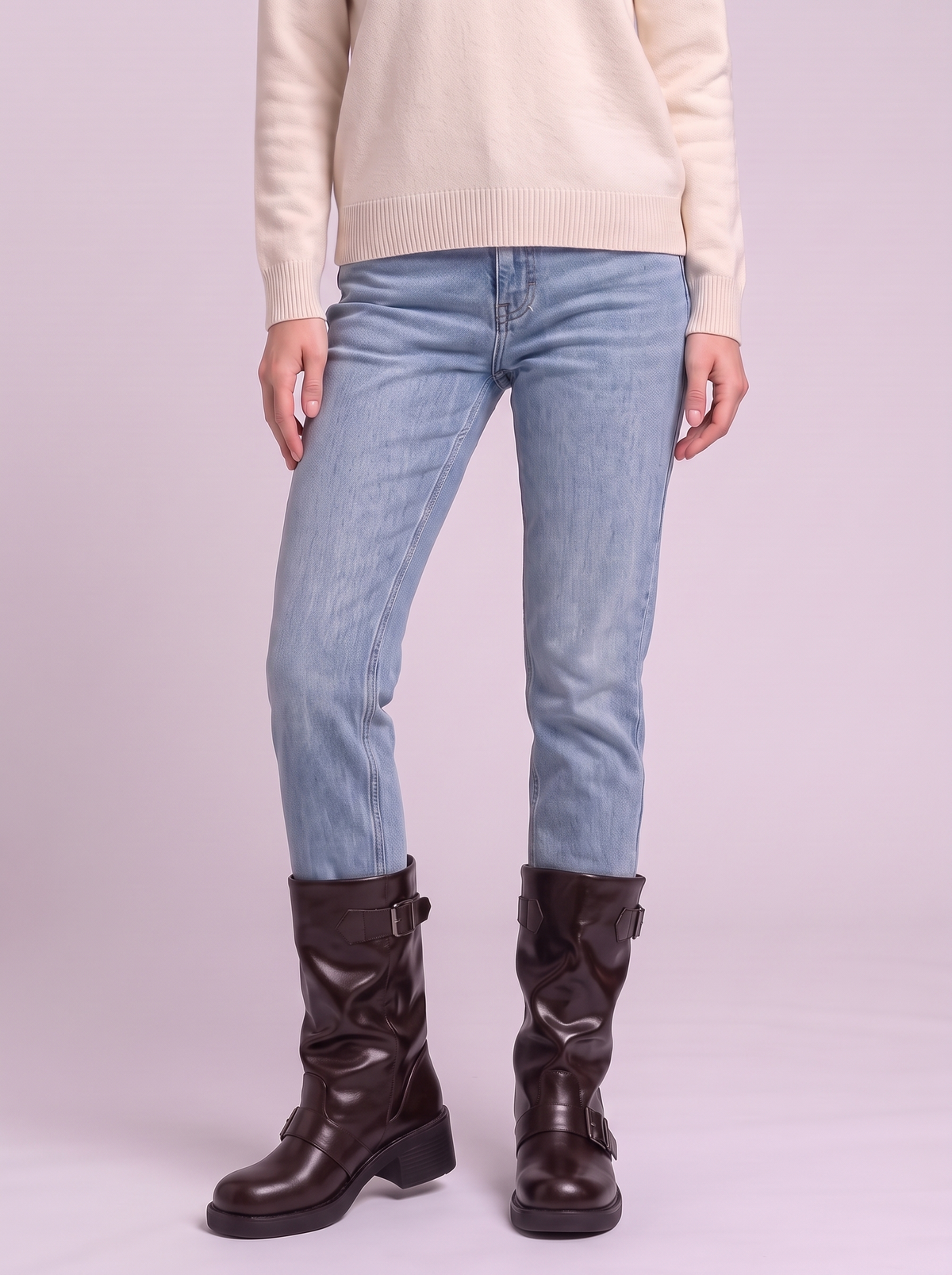 Round Toe Block Heels Boots - Coffee Brown