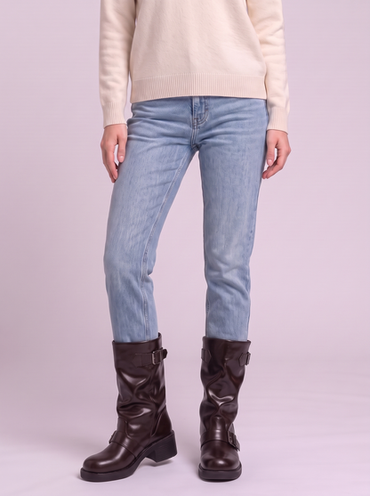 Round Toe Block Heels Boots - Coffee Brown