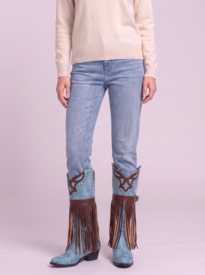 Fringe Block Heel Boots - Blue