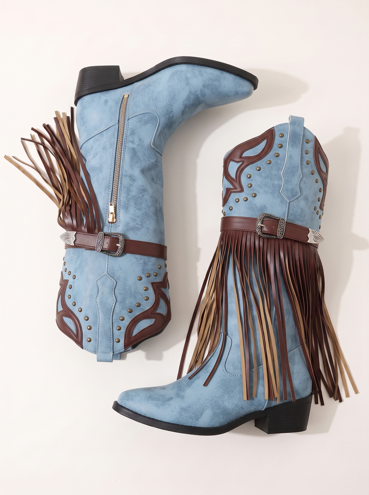 Fringe Block Heel Boots - Blue - flat lay
