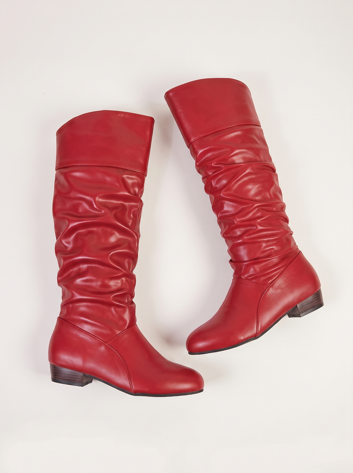 Ruched Knee-High Low Block Heel Boots - Red - flat lay