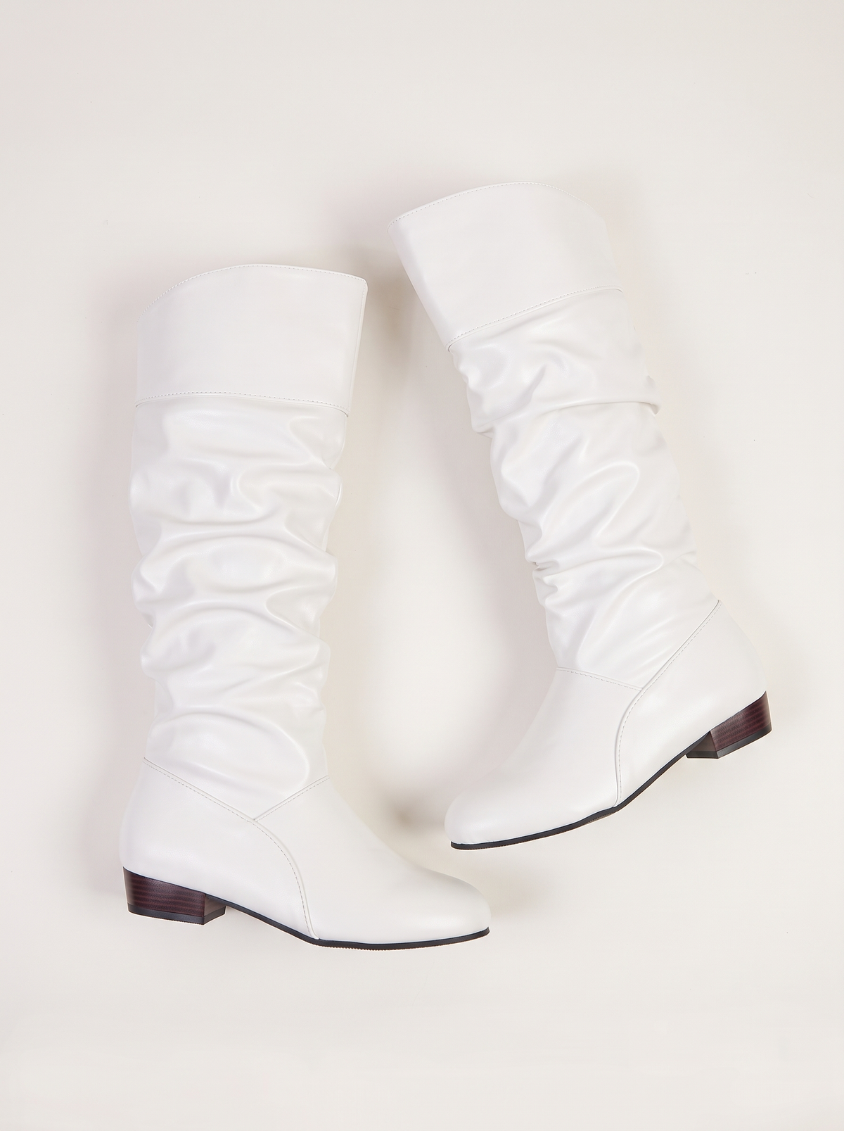 Ruched Knee-High Low Block Heel Boots - White - flat lay
