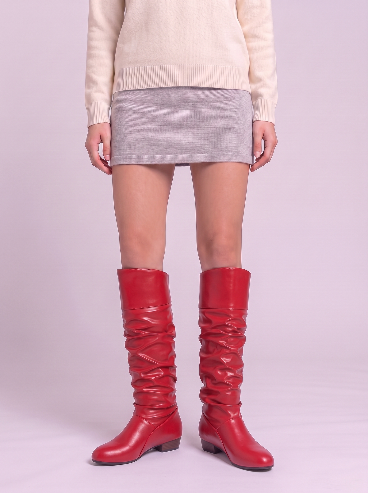 Ruched Knee-High Low Block Heel Boots - Red