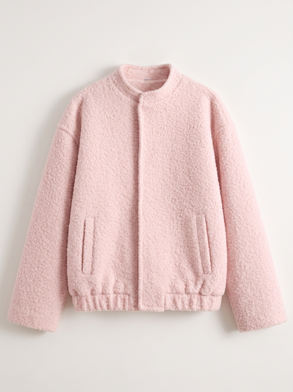 Double Take Plush Mock Neck Snap Down Jacket with Pockets - Blush Pink - flat lay