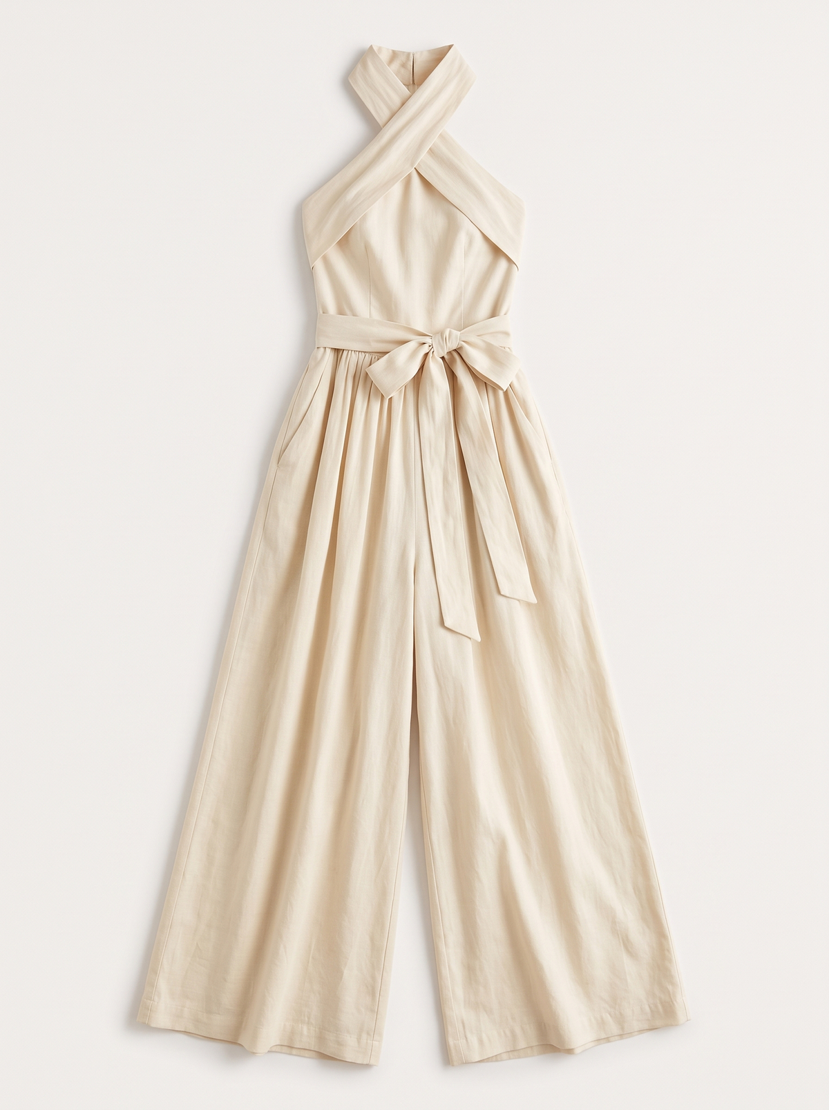 Halter Neck Wide-Leg Jumpsuit with Waist-Tie Detail - Milky White - flat lay