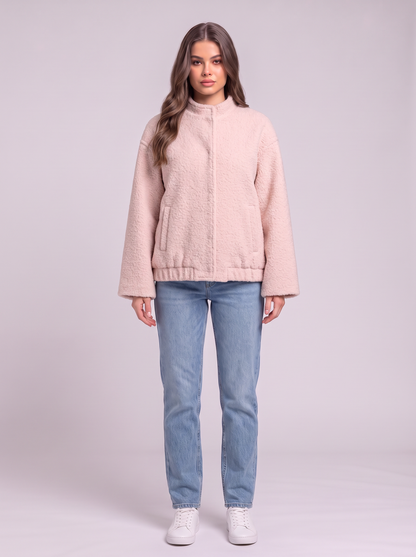 Double Take Plush Mock Neck Snap Down Jacket with Pockets - Blush Pink