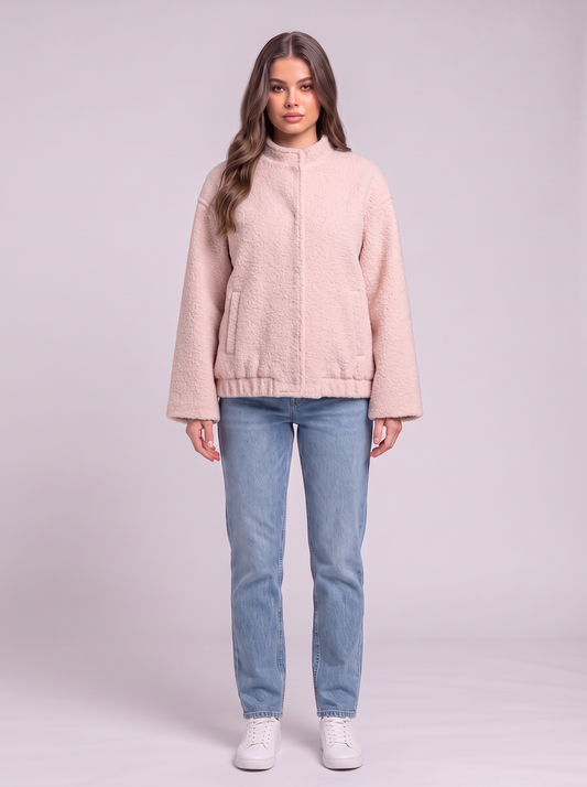 Double Take Plush Mock Neck Snap Down Jacket with Pockets - Blush Pink