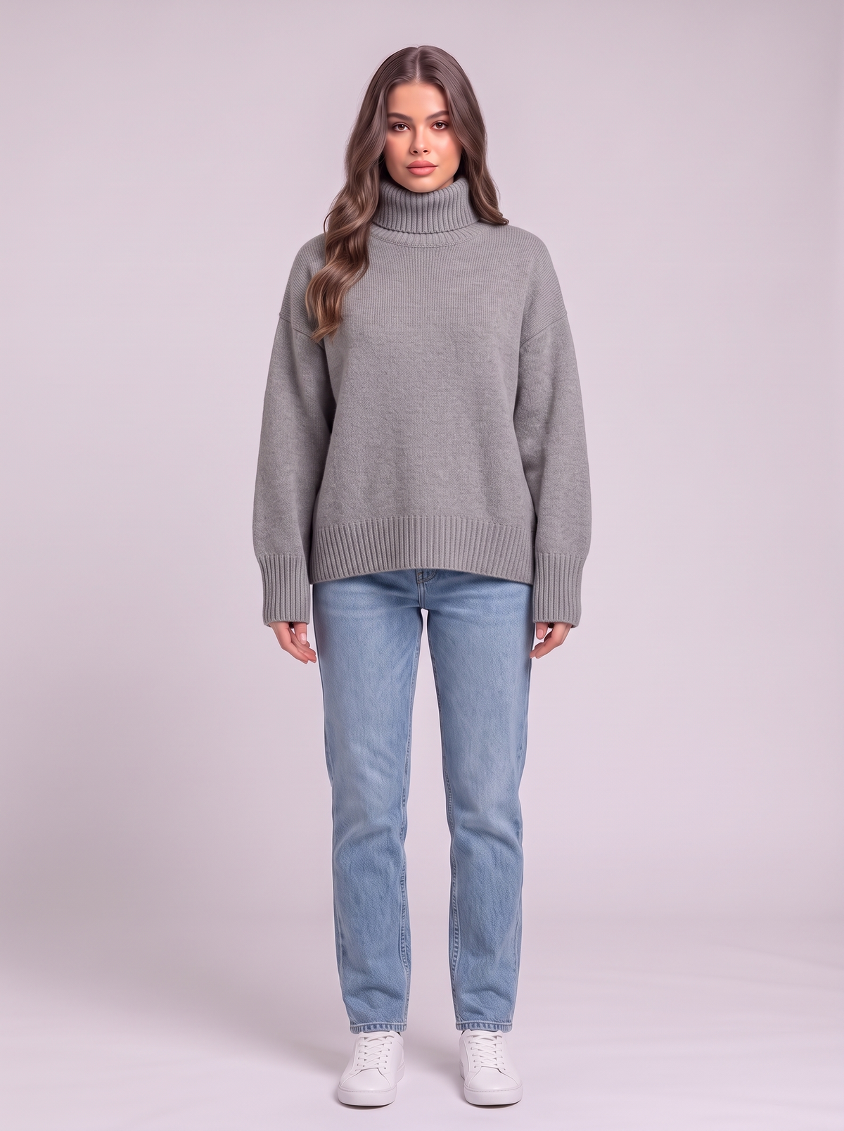 Turtleneck Dropped Shoulder Sweater - Gray