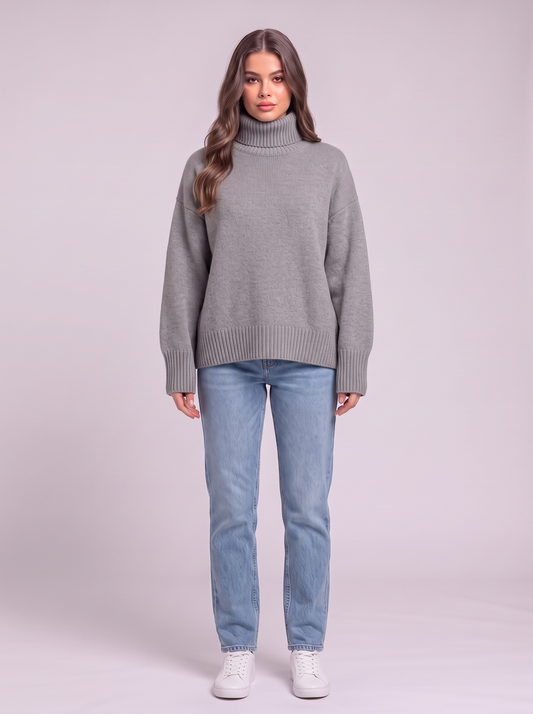 Turtleneck Dropped Shoulder Sweater - Gray