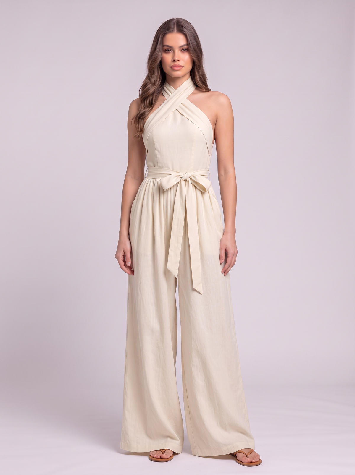 Halter Neck Wide-Leg Jumpsuit with Waist-Tie Detail - Milky White
