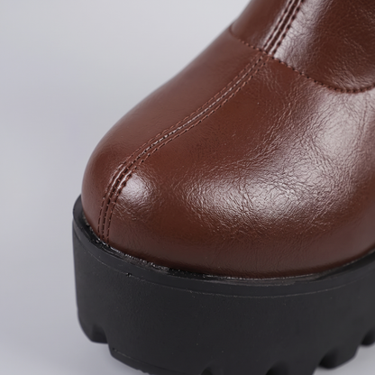 Chunky Platform High Heel Ankle Boots - Light Brown - close-up