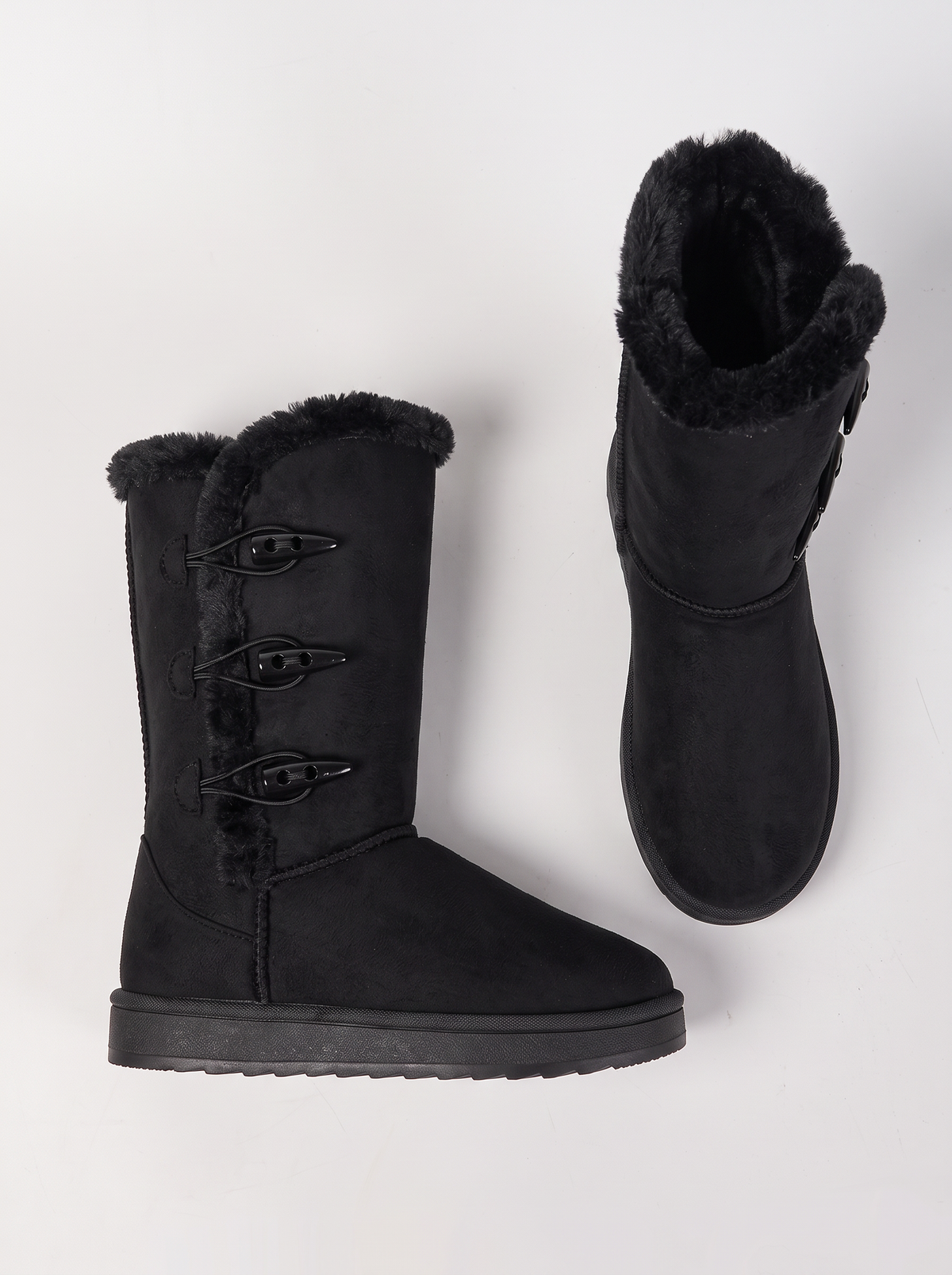 Mid-Calf Faux Fur Lined Toggle Button Winter Boots - Black - flat lay