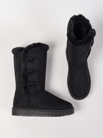 Mid-Calf Faux Fur Lined Toggle Button Winter Boots - Black - flat lay