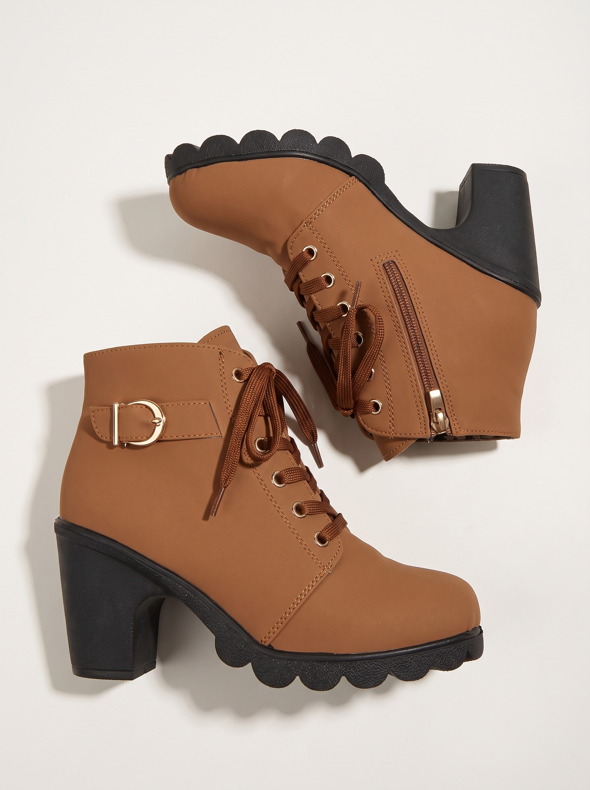 Lace-Up Buckle Chunky Heel Ankle Boots - Yellow - flat lay