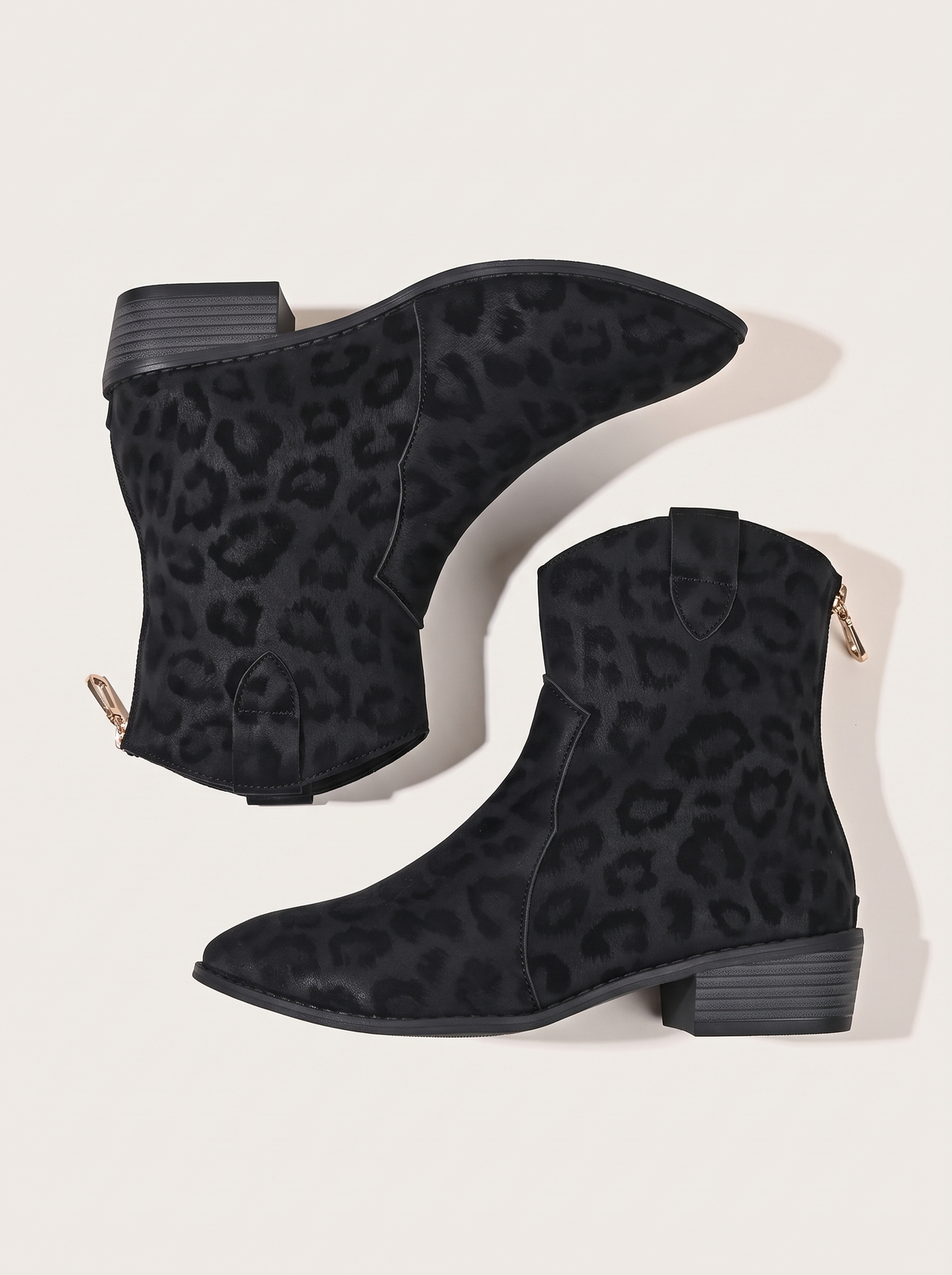 Leopard Print Western Ankle Boots - Black - flat lay