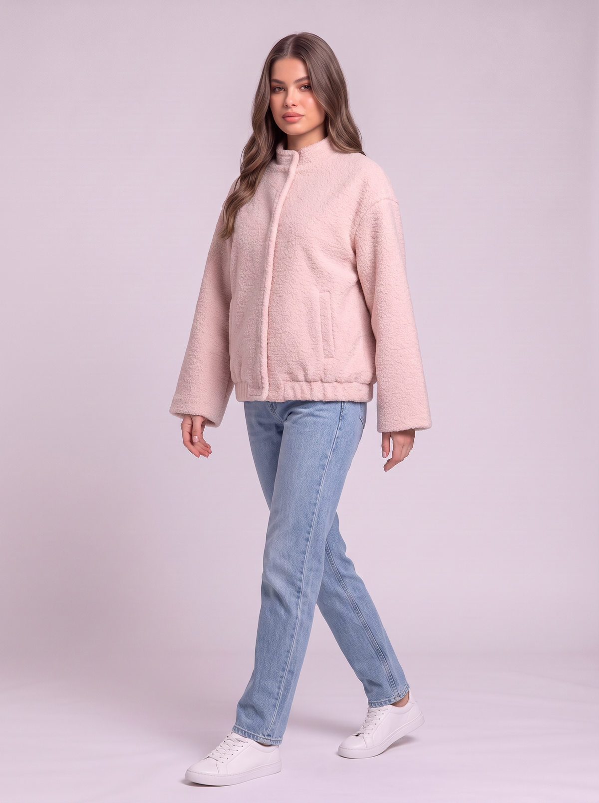 Double Take Plush Mock Neck Snap Down Jacket with Pockets - Blush Pink - side