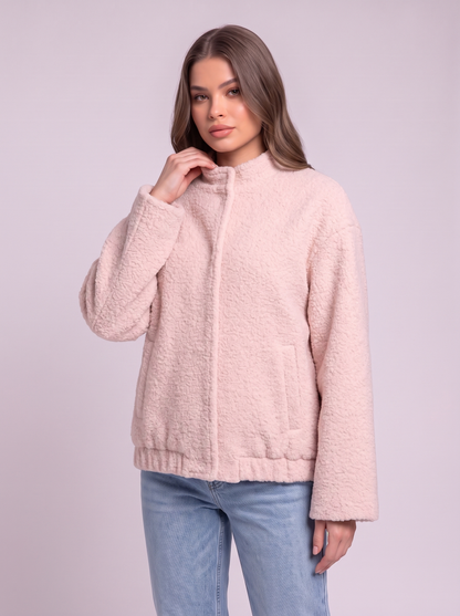 Double Take Plush Mock Neck Snap Down Jacket with Pockets - Blush Pink - detail