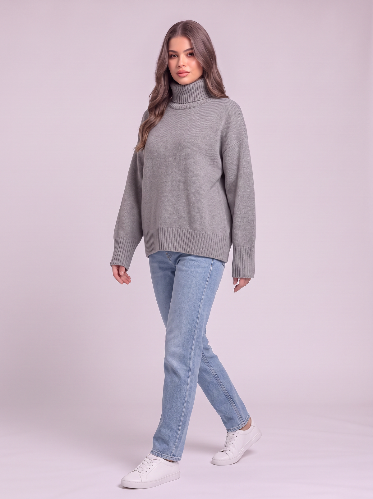 Turtleneck Dropped Shoulder Sweater - Gray - side