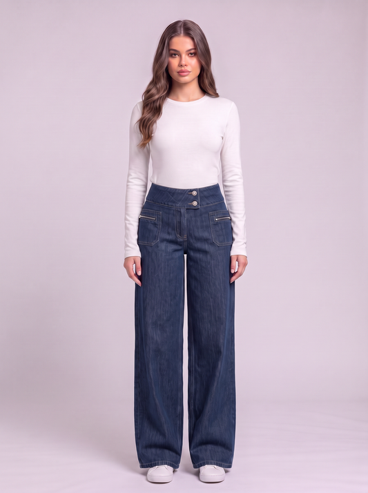 High-Waisted Wide-Leg Jeans with Zippered Pockets - Dark Blue