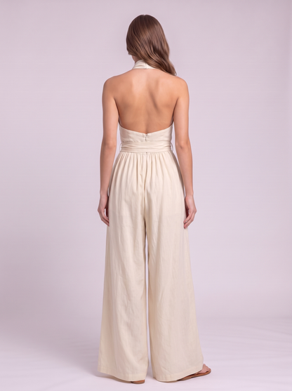 Halter Neck Wide-Leg Jumpsuit with Waist-Tie Detail - Milky White - back