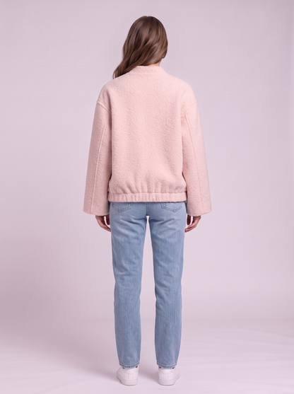 Double Take Plush Mock Neck Snap Down Jacket with Pockets - Blush Pink - back