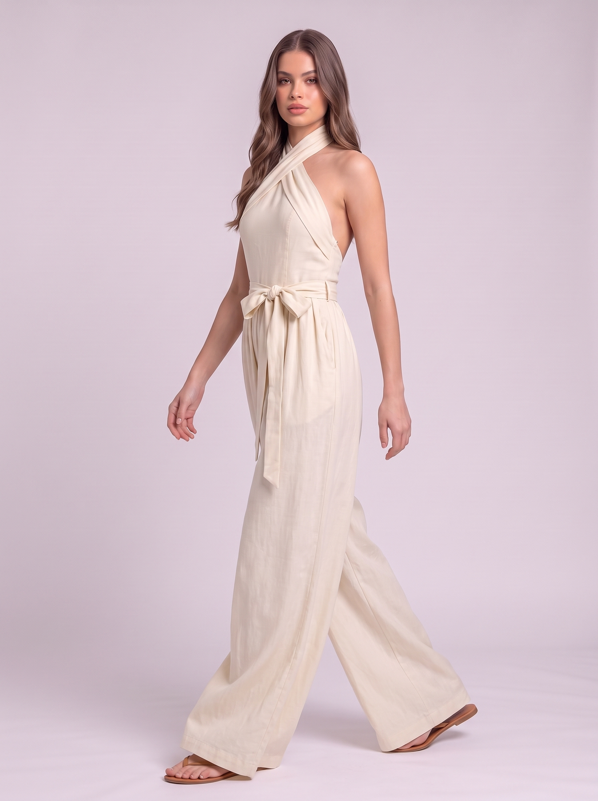Halter Neck Wide-Leg Jumpsuit with Waist-Tie Detail - Milky White - side