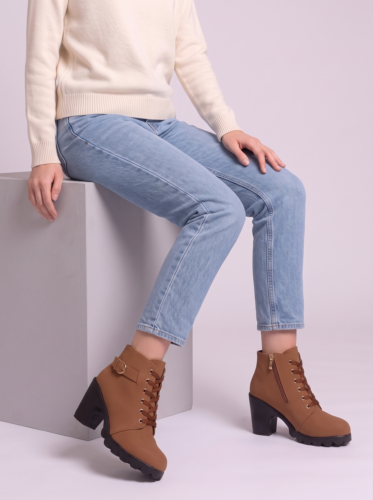 Lace-Up Buckle Chunky Heel Ankle Boots - Yellow - seated