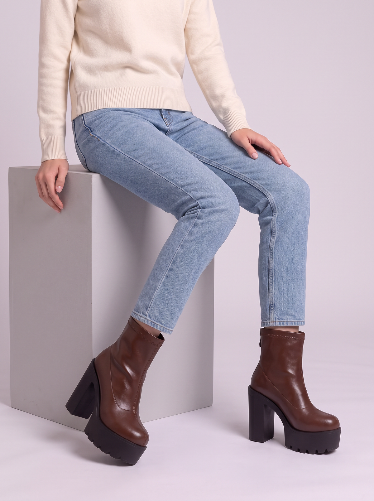 Chunky Platform High Heel Ankle Boots - Light Brown - seated