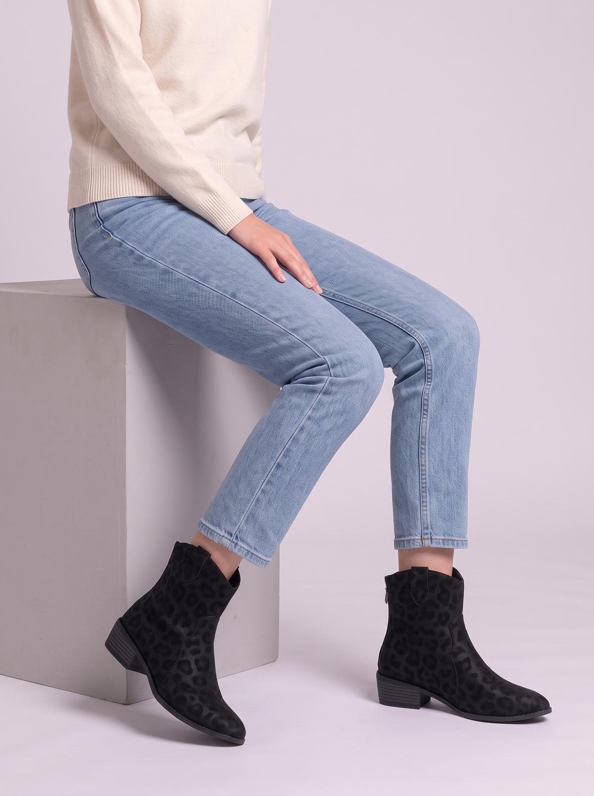 Leopard Print Western Ankle Boots - Black - seated