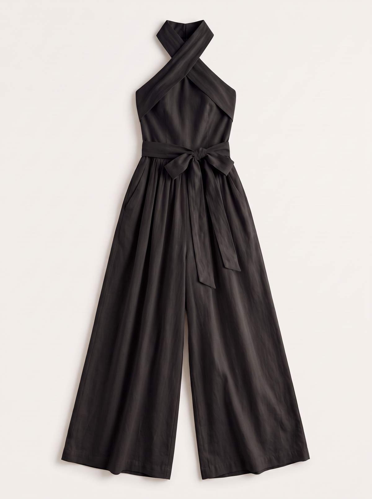 Halter Neck Wide-Leg Jumpsuit with Waist-Tie Detail - Black - flat lay