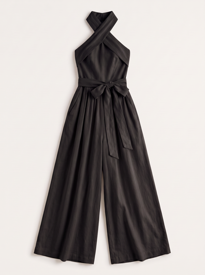 Halter Neck Wide-Leg Jumpsuit with Waist-Tie Detail - Black - flat lay