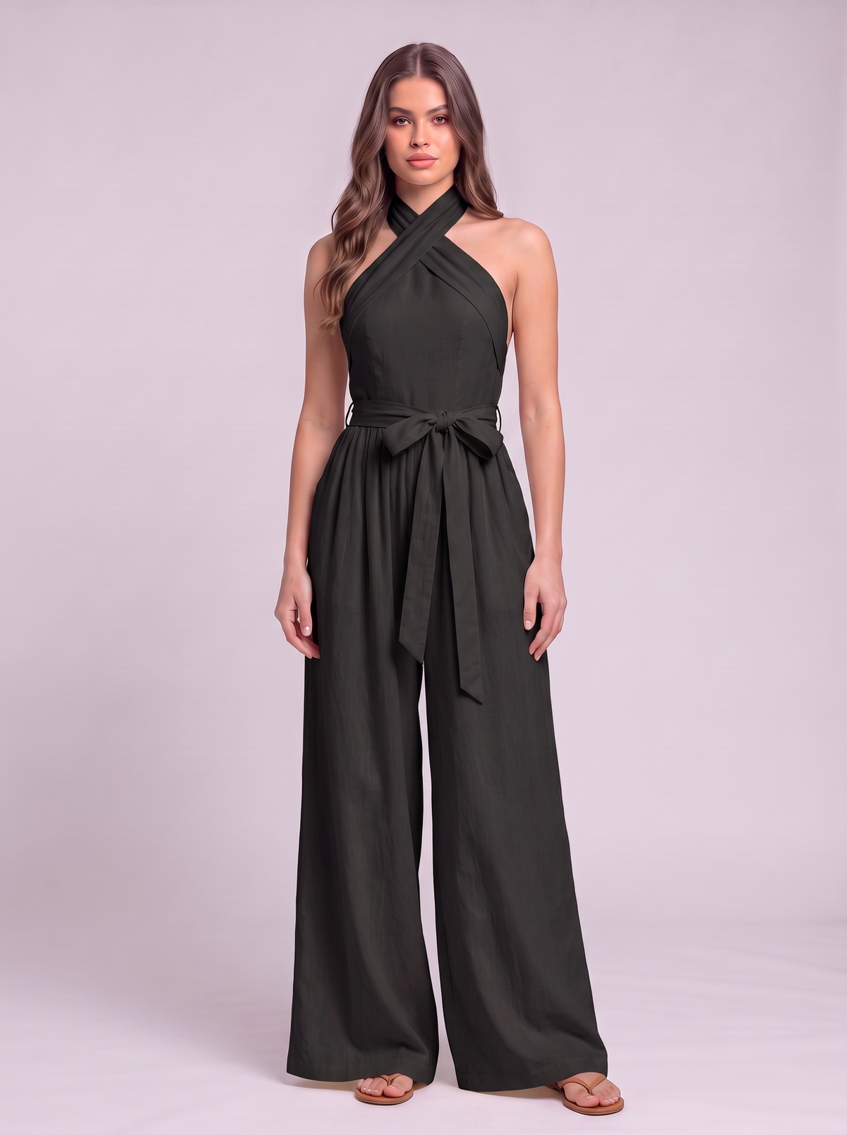 Halter Neck Wide-Leg Jumpsuit with Waist-Tie Detail - Black