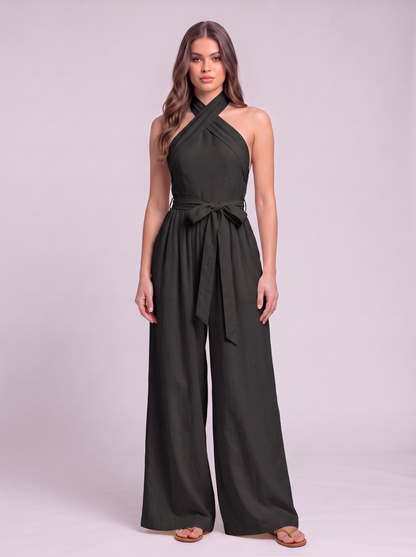 Halter Neck Wide-Leg Jumpsuit with Waist-Tie Detail - Black