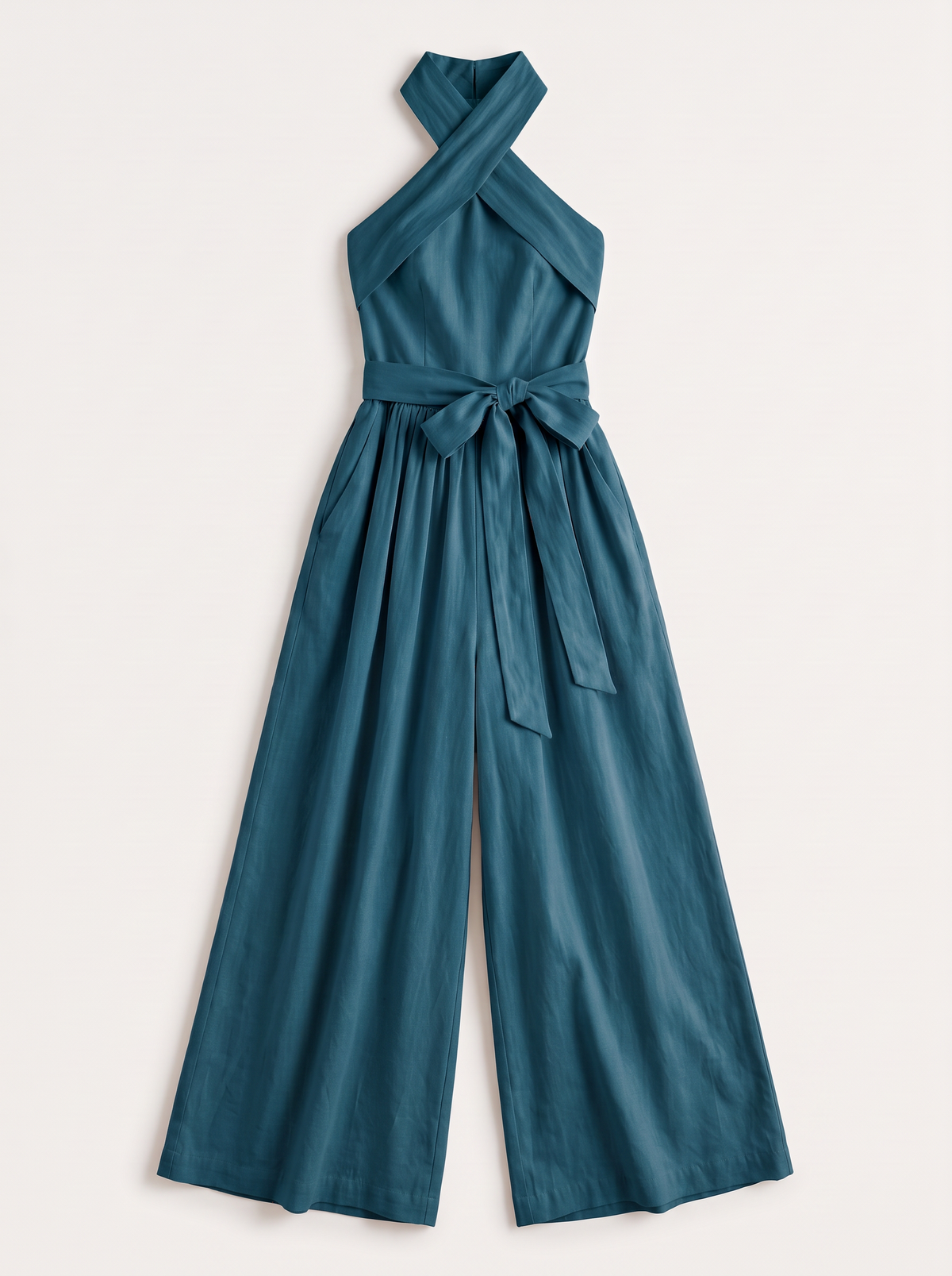 Halter Neck Wide-Leg Jumpsuit with Waist-Tie Detail - Blue - flat lay