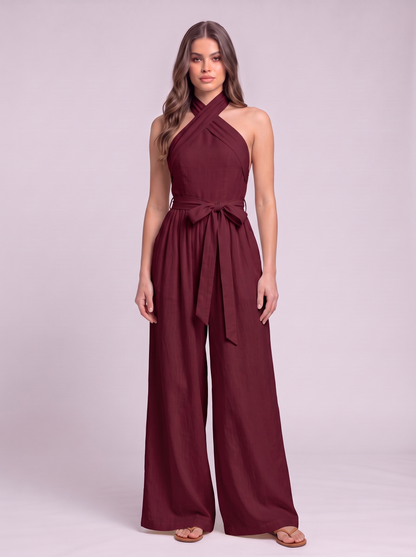 Halter Neck Wide-Leg Jumpsuit with Waist-Tie Detail - Wine Red