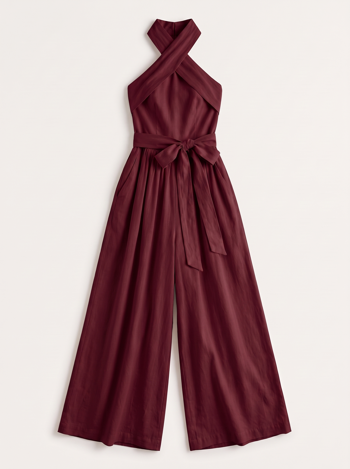 Halter Neck Wide-Leg Jumpsuit with Waist-Tie Detail - Wine Red - flat lay