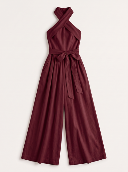 Halter Neck Wide-Leg Jumpsuit with Waist-Tie Detail - Wine Red - flat lay