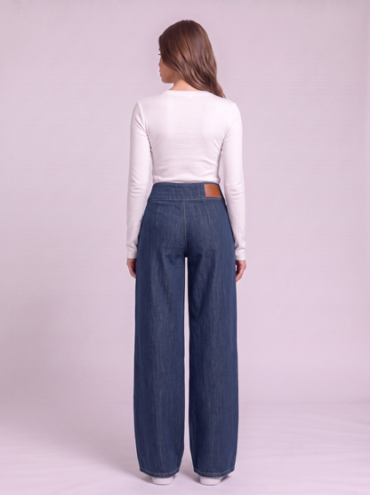 High-Waisted Wide-Leg Jeans with Zippered Pockets - Dark Blue - back