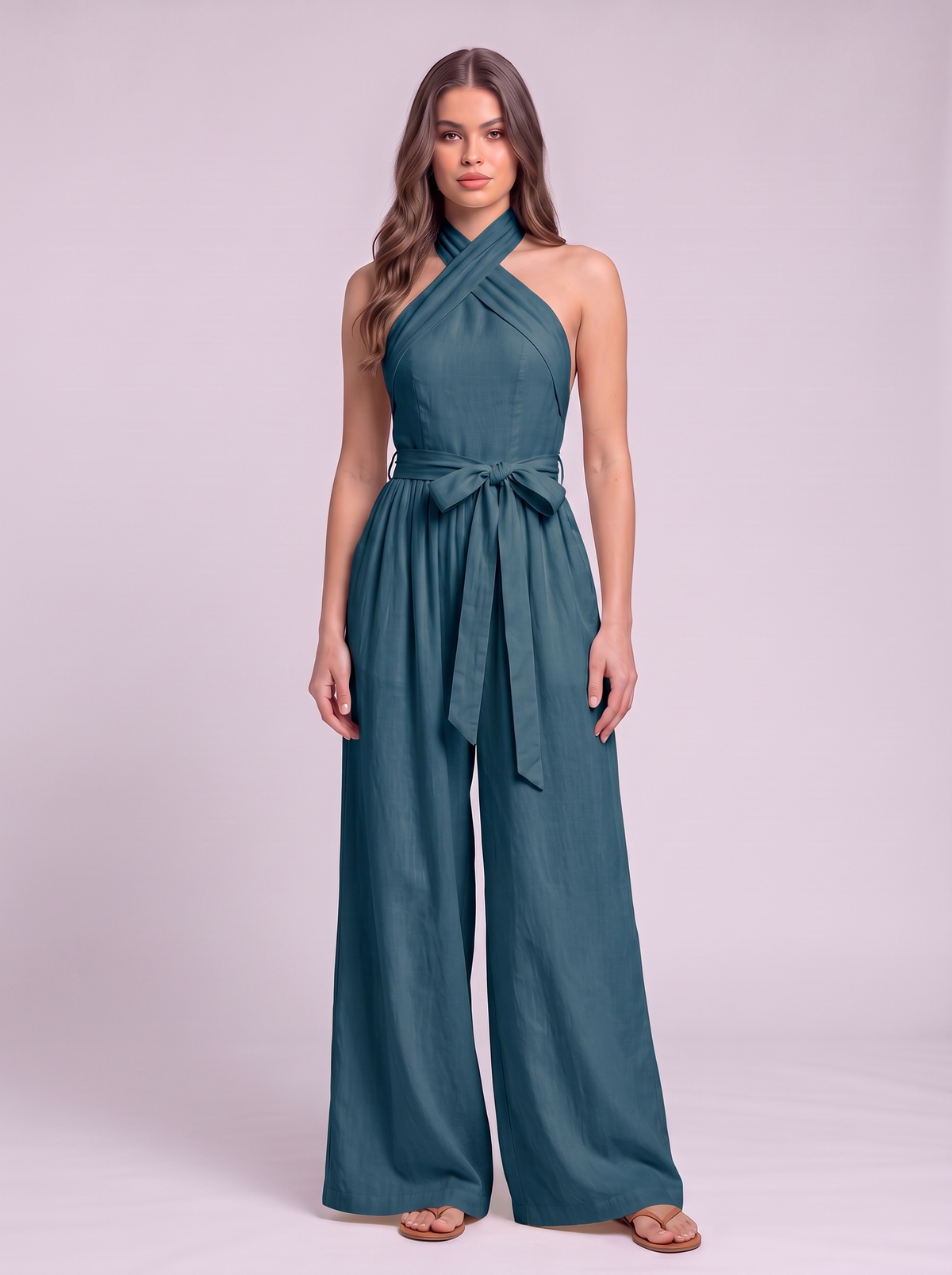 Halter Neck Wide-Leg Jumpsuit with Waist-Tie Detail - Blue