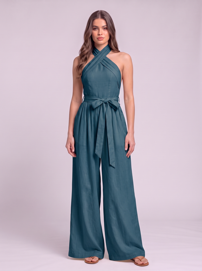 Halter Neck Wide-Leg Jumpsuit with Waist-Tie Detail - Blue