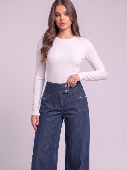 High-Waisted Wide-Leg Jeans with Zippered Pockets - Dark Blue - detail